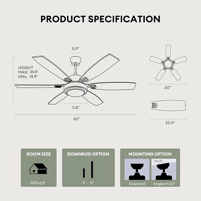 Fanbliss 60 Inch Grey Large Ceiling Fans with Lights and Remote Control for Living Room, Modern Ceiling Fan with Quiet Reversible DC Motor, Ceiling Fan Lights for Garage, Patio, Indoor and Outdoor