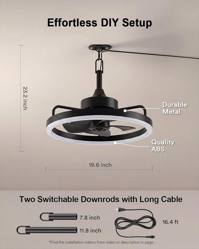 Lumary Smart Gazebo Ceiling Fans with Color Lights for Patios Outdoor, 20in | RGBAI+White Dimmable, Wi-Fi Bluetooth Connect, Work with Alexa/Google/APP, Waterproof Plug in Ceiling Fan with Hook/Remote