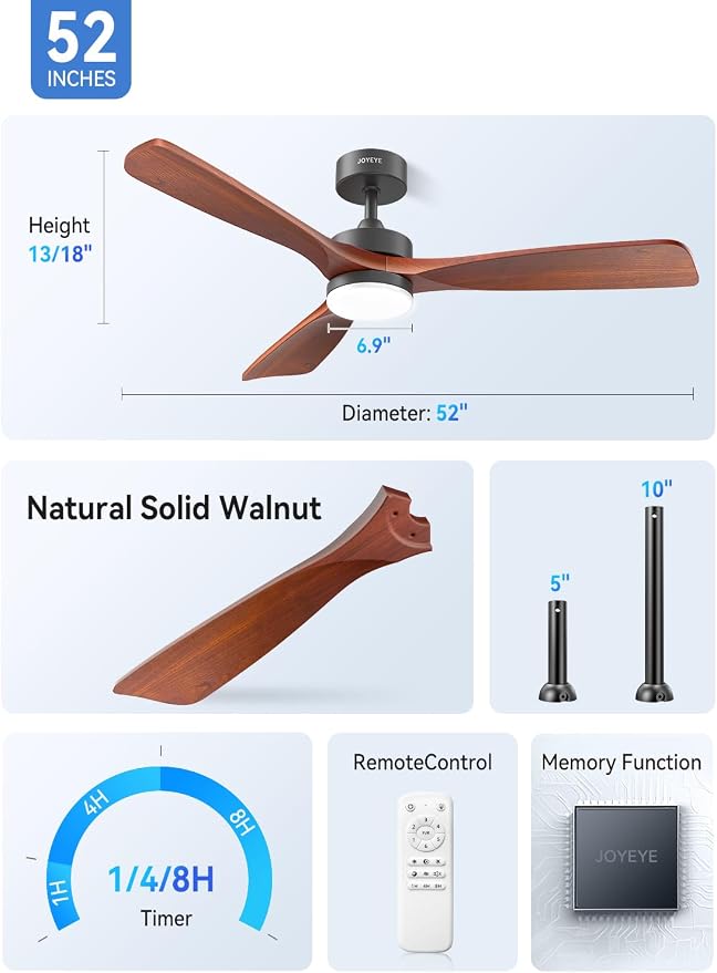 52 Inch Ceiling Fans with Lights and Remote, Solid Wood 3 Blade Modern Ceiling Fan, Quiet DC Motor, 6 Speeds, Dimmable LED, Timer, Indoor & Covered Outdoor Living Room, Bedroom, Patio (Dark Walnut)