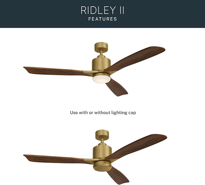 Kichler Ridley II 52" Ceiling Fan and Light Kit in Natural Brass, 3-Blade LED Ceiling Fan in Cherry Finish, 3000K, (52" W x 14.5" H), 300027NBR