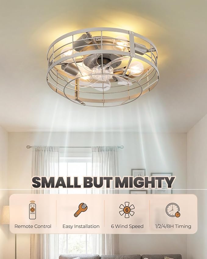 16 Inch Caged Ceiling Fan with Light, Farmhouse Round Flush Mount Fan Lights Ceiling Fixtures, Need Assembly, E26 Base 6 Speeds Reversible Motor Bladeless Ceiling Fans for Bedroom, Living Room, Silver
