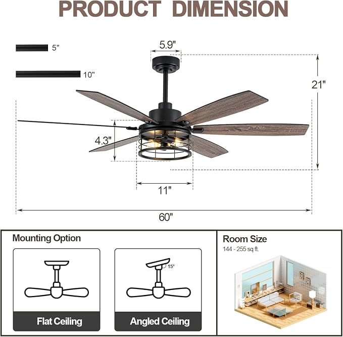 60 Inch Farmhouse Ceiling Fan with Light and Remote Black Rustic Ceiling Fan Quiet and Reversible DC Motor Chandelier Fan for Living Room Bedroom Patio