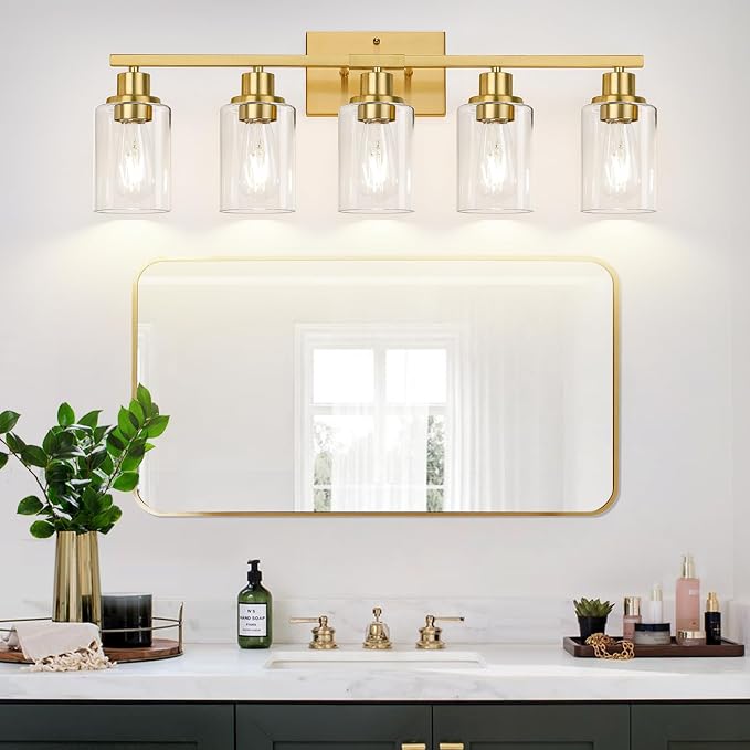 Indoi 5-Light Bathroom Light Fixtures, Brushed Gold Modern Vanity Lights with Clear Glass Shades, Bathroom Wall Lamp for Mirror Living Room Cabinet Bedroom Porch