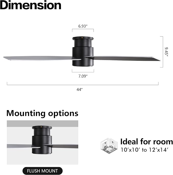 WINGBO 44" Flush Mount DC Ceiling Fan without Lights, 4 Reversible Plywood Blades, Quiet 6-Speed DC Motor, Hugger Low Profile Ceiling Fan No Lights for Bedroom, Black Finish