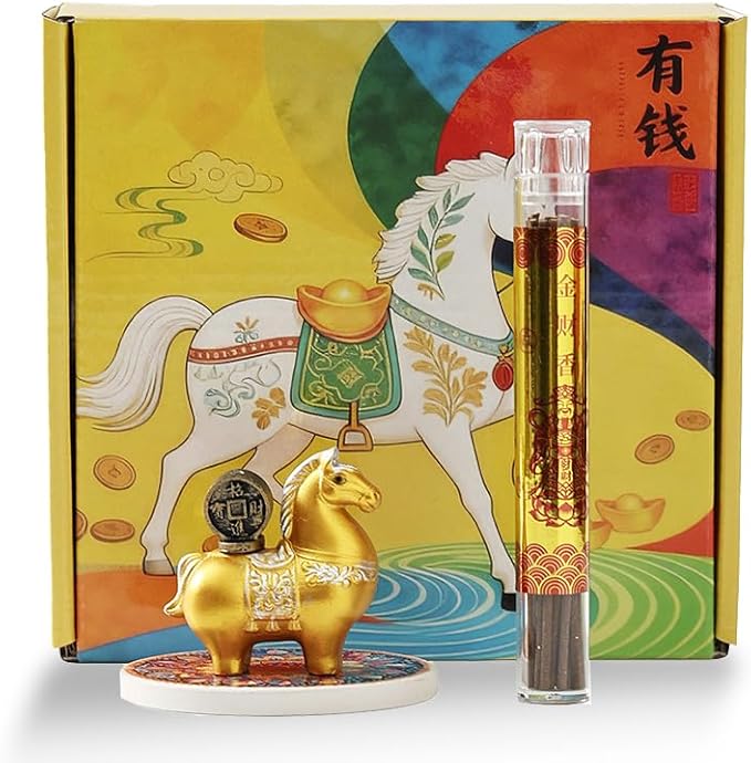 Horse Incense Burner-Resin Fortune Horse Incense Holder with Tray & Gift Box,Aromatherapy Decor for Yoga, Meditation,Home Office,Horse Lover Gift (Golden)