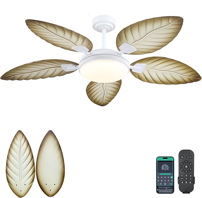 PHORUS 52" Tropical Outdoor Palm Leaf Ceiling Fans with Lights and Remote | Supports Remote and APP, 6 Wind Speeds, Reversible, Dimmable 3CCT LED, 50W Quiet DC Motor,Suits for Living Room Bedroom Patio