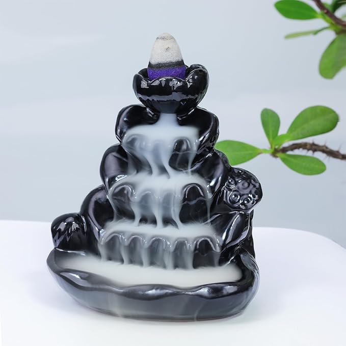 Ceramic Waterfall Incense Burner, Backflow Incense Holder, Incense Cone Burner for Yoga Meditation and Home Decor (Lotus Leaf)