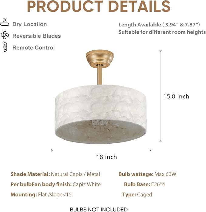 Boho Chandelier Ceiling Fan, Capiz Shell Fandelier Ceiling Fan with Light and Remote Control, Coastal Caged Ceiling Fan for Bedroom,Living Room,Nursery,Foyer(6 Speed, Timing,Adjustable Height)