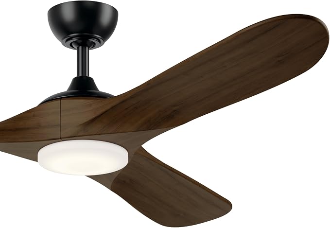 KICHLER Mylo 60 in Modern Ceiling Fan with Light and Remote, 6-Speed Indoor Outdoor Damp Rated Fan with Satin Etched Cased Opal Glass in Satin Black and Aged Walnut Wood Blades, 310560SBK