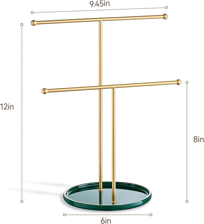 Jewelry Stand with Ceramic Tray, Necklace Holder, Gold Bar Green Base | Ceramic Base, Gift for Women & Girls, Hanging Necklace Organizer Tree, Earrings, Bracelets, Rings, small