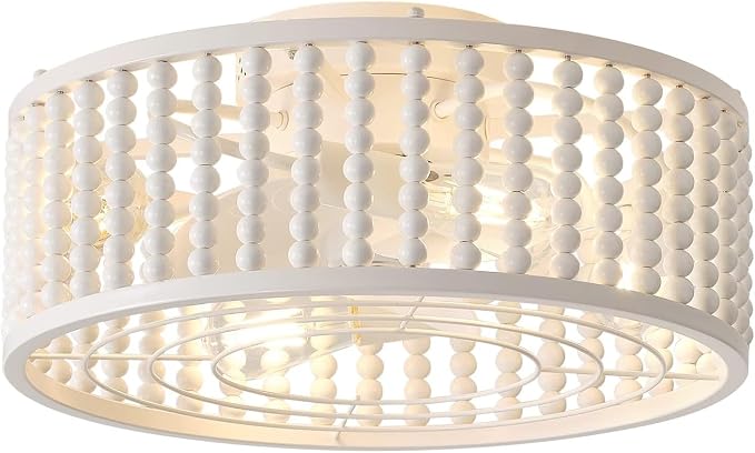 Ceiling Fans with Lights and Remote - Bulbs Included | Tropical Caged Fandelier with Handcrafted Beaded Décor | Flush Mount Installation Fan Lighting Fixture | 19 inches | Off-White