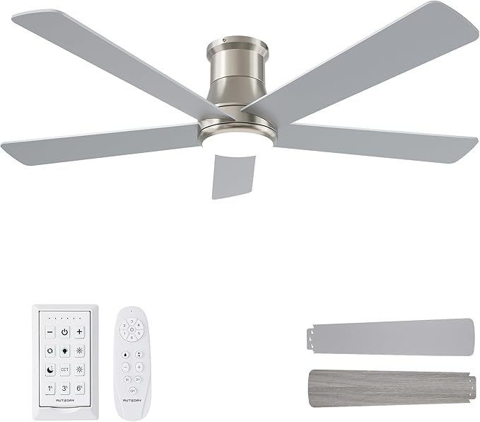 52 Inch Low Profile Ceiling Fan with Light, Burshed Nickel Ceiling Fans with Lights and Remote, Flush Mount, 6 Speeds Quiet DC, 3CCT Dimmable, Indoor Outdoor Ceiling Fans for Patios Bedroom