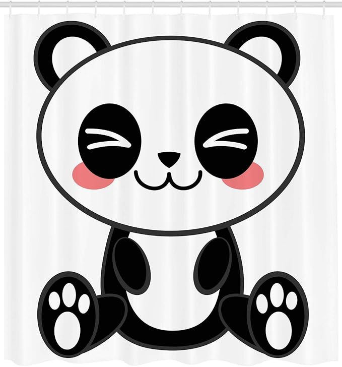 Ambesonne Anime Shower Curtain, Cartoon Smiling Panda Fun Animal Theme Japanese Manga Teen Art Print, Cloth Fabric Bathroom Decor Set with Hooks, 69" W x 70" L, White Grey