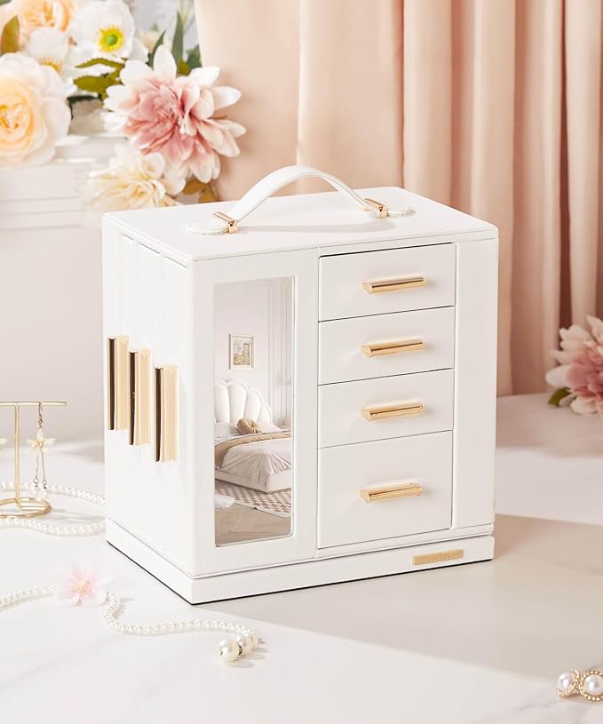 Homde Rotating Jewelry Box for Women: 7-Drawer Organizer with Clear Window | 4-Side Access Sorts Daily Jewelry - Jewelry Lovers Find Favorites Fast on Vanities - Display for Earring Ring Necklace