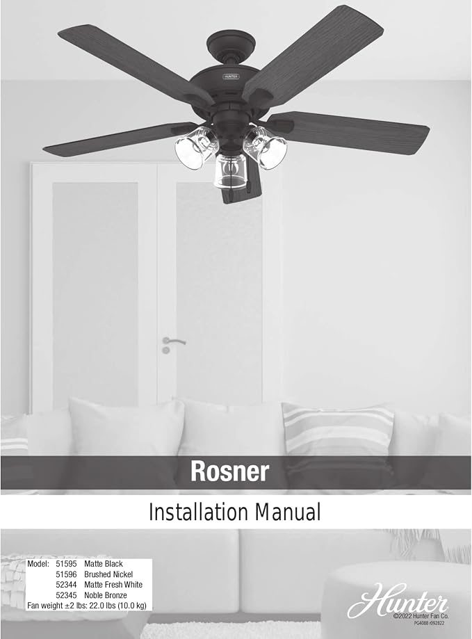 Hunter Rosner, Indoor, Ceiling Fan, Standard Mount, 52 inch, Matte Black | with LED Lights and Pull Chain, 5 Blades, For Bedroom, Living Room, Kitchen, 3 inch Downrod, 51595