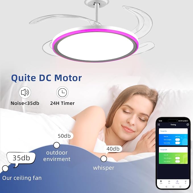 BAYSQUIRREL Slim RGB Retractable Ceiling Fan with Light and APP/Remote Control, 42inch Modern Smart Ceiling Fan with Bluetooth Speaker, Dimmable Full Spectrum with Memory, 6-Speed Reversible Fan,White