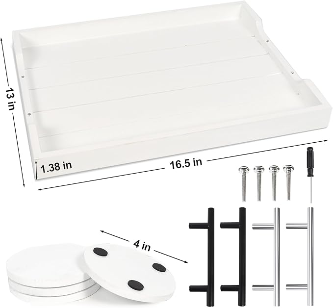 SXNOWS Wood Serving Tray with 2 Sets of Handles,White | Rectangle 16.5x13 Inch Ottoman Decorative Tray for Coffee Table Kitchen Bar Living Room Breakfast in Bed, 4 Coasters Included