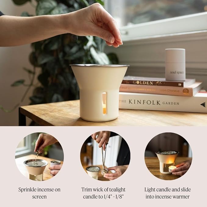 Soul Space Non Toxic Incense Holder/Burner & Incense Blends Starter Bundle| Scent Not Smoke: Zero Ash, Pure Aroma, Low-Smoke - Perfect for Heating Natural and Organic Incense | Color: Cream