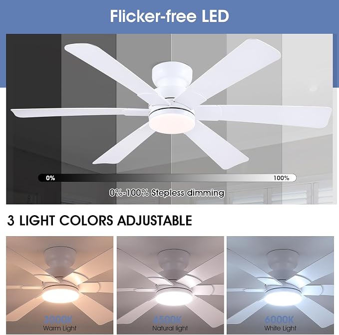 52"6-Blades White Low Profile Flush Mount Ceiling Fan with Light and Remote | Super Large Airflow with 6 Wind Speeds, Reversible, Dimmable 3CCT LED, 30W Quiet DC Motor,Suits for Bedroom Kitchen