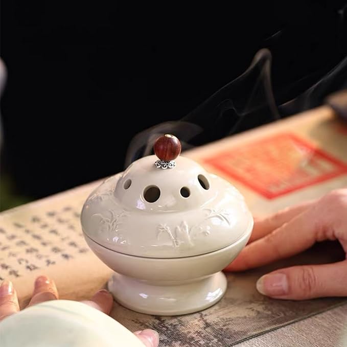 Ceramic Incense Burner - Creamy White insence Holder for Frankincense, Bakhoor, Charcoal, Stick, Powder, Cone, Coil, and Tower Incense