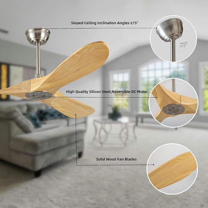 52 Inch Ceiling Fan No Light,Solid Wood Ceiling Fan Without Light, 3 Wood Blades 6 Speeds Smart Timing Reversible DC Motor, Modern Fans for Indoor Outdoor Farmhouse Patios