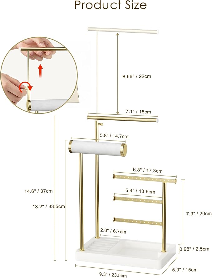 SZQINJI 5 Tier Jewelry Holder Organizer, Gold Necklace Stand Display, White | Velvet Bracelet Holder, Adjustable Height Jewelry Display for Necklaces, Bracelets, Earrings, Rings, Gift Idea for Women