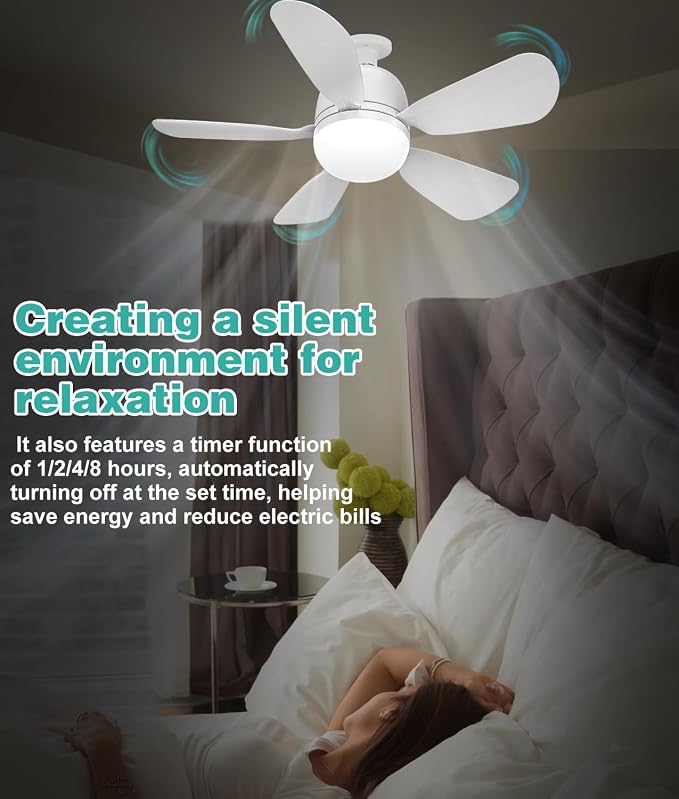 HK Socket Fan Light Small Ceiling Fan With Light and Remote, 20 Inch Screw-in for E26/E27 Base, 5 Speed Dimmable Mini for Bedroom Kitchen and Small Rooms, White