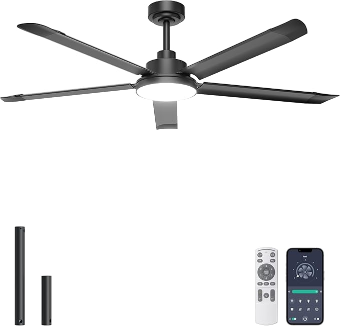 Ohniyou 60'' Ceiling Fan with Lights, Industrial Ceiling Fan with 5 Aluminum Blades, App/Remote Controlled, Dimmable, for Outdoor Patio, Garage, Black