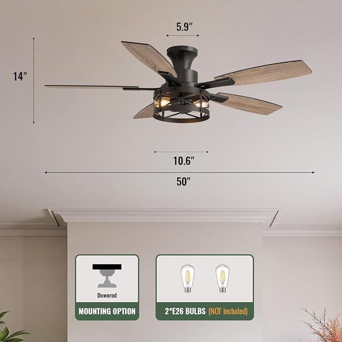 52 Inch Flush Mount Ceiling Fans with Lights and Remote Control, Low Profile Farmhouse Ceiling Fan for Bedroom Living Room and Patio, Black Caged Ceiling Fan for Indoor and Outdoor（NO BULBS）