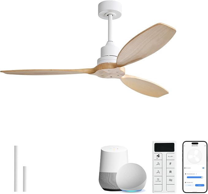 Sofucor 52 Inch Wood Ceiling Fans no Light, Works with App/Alexa/Google, Dimmable 6-Speed Outdoor Ceiling Fan with Remote for Indoor Bedroom Living Room Outdoor Patio Porch, Reversible DC Motor