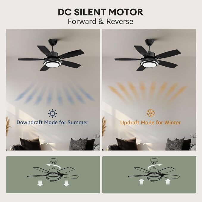 Fanbliss Ceiling Fans with Lights and Remote Control for Bedroom, 42 Inch Black Small Modern Ceiling Fan with Quiet Reversible DC Motor, 3CCT, Dimmable, LED for Living Room, Patio, Indoor and Outdoor