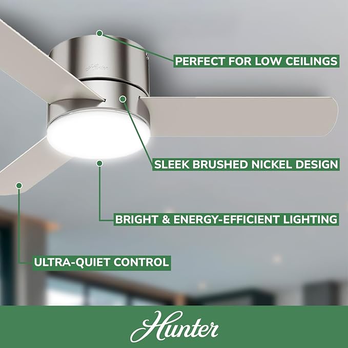 Hunter Minimus, Indoor, Ceiling Fan, Modern, Quiet, 44 inch, Brushed Nickel | with LED Light, Low Profile Flush Mount, Remote Control, 3 Blades, For Bedroom, Living Room, 59454