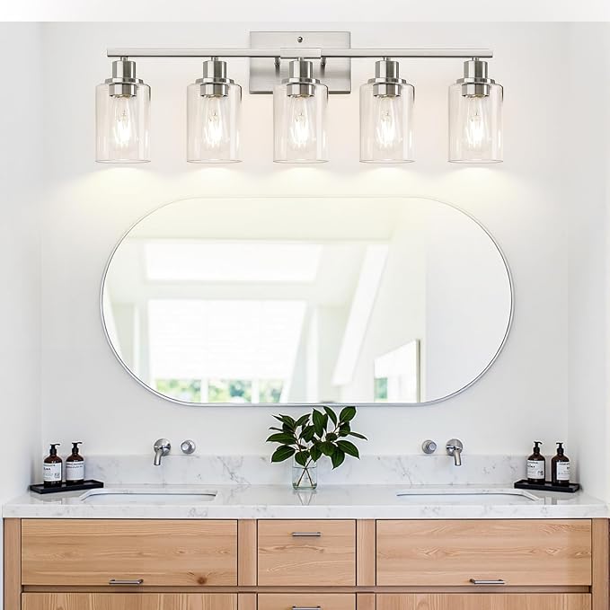 Indoi 5-Light Bathroom Light Fixtures, Brushed Nickel Modern Vanity Lights with Clear Glass Shades, Bathroom Wall Lamp for Mirror Living Room Cabinet Bedroom Porch