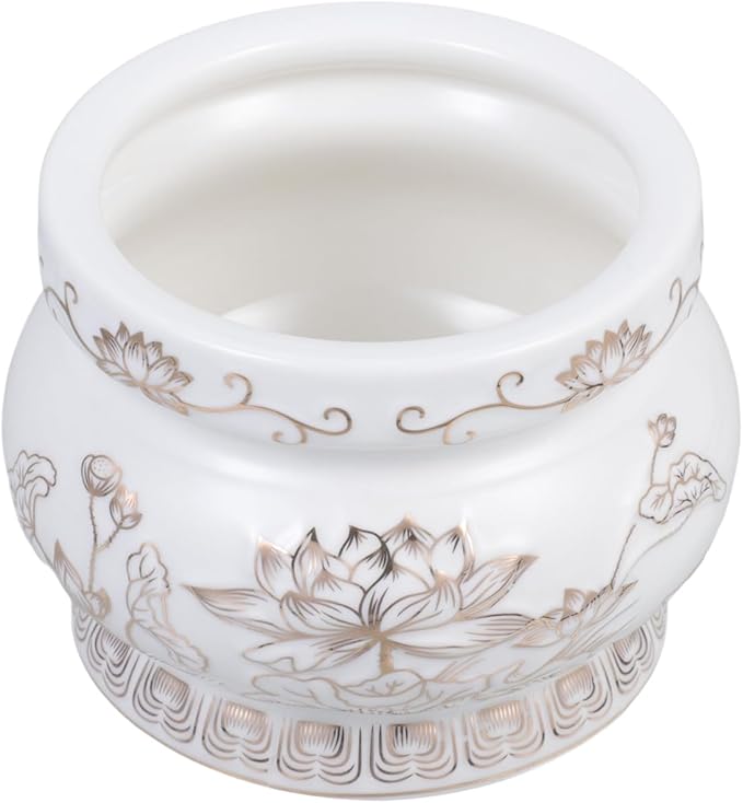 HANABASS Ceramic Incense Burner with Lotus Flower Relief 3.7 Inch - White and Gold Incense Holder for Home Altar Meditation Yoga Zen Buddhist D Cor