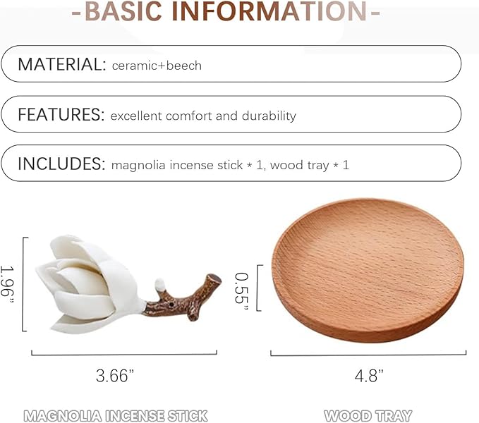 WAYUTO Vivid Magnolia Flower Incense Holder with Wood Tray Ceramic Incense Burner Decorative Incense Stick Burner Ash Catcher for Home Decoration
