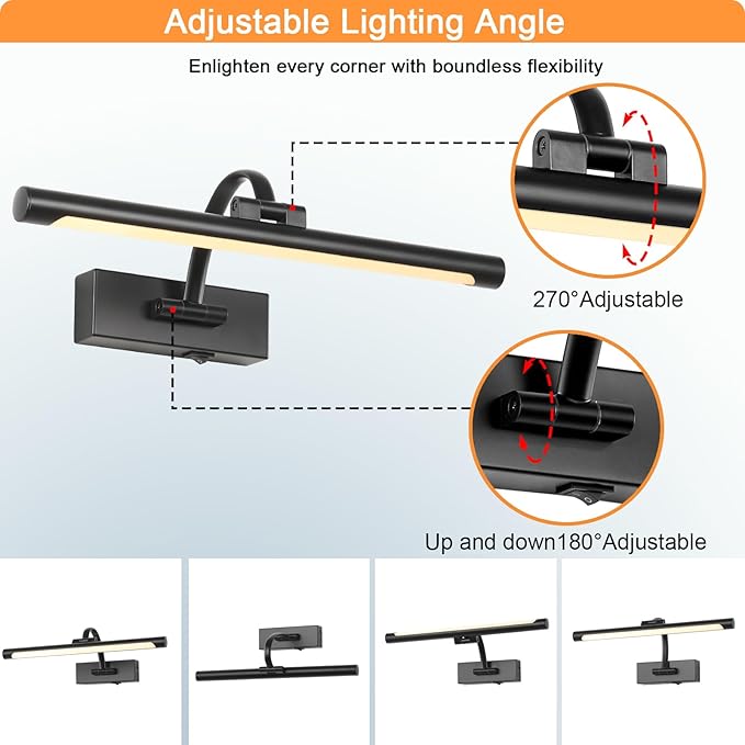 Tassuowell Wireless Battery Operated Picture Light,Rechargeable Wall Light with Remote and Timer,15.75 Inch Black Dimmable Painting Light,3CCT with Adjustable Swing Arm for Display Gallery Lighting