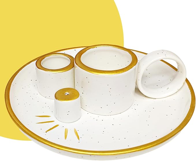 Multi-Purpose Ceramic Incense Burner and Holder Set with Handle, with Ash Catcher Tray and Candle Holder for Meditation and Yoga Room (Gold)