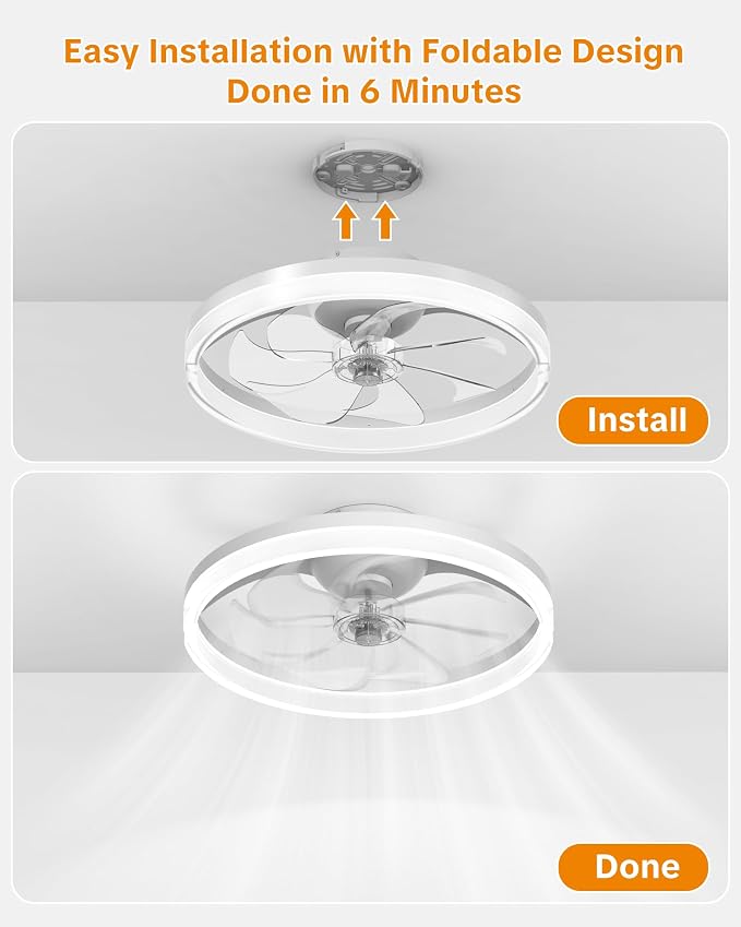 Ceiling Fans with Lights and Remote, Low Profile Ceiling Fan, Morden Flush Mount LED Fan Light, 3000K-6500K Dimmable for Bedroom, Kitchen, Living Room, Frosted, White