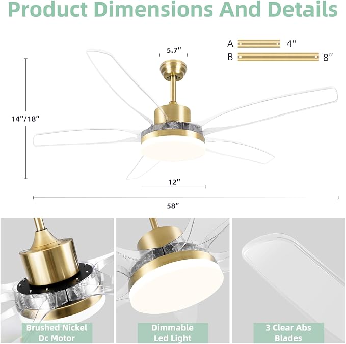 OKELI Smart Ceiling Fans with Light and Remote, Voice Control via WiFi Alexa App, 58 Inch Modern Clear Blades Gold Alexa Ceiling Fan Reversible Dimmable LED Ceiling Fan for Living Room