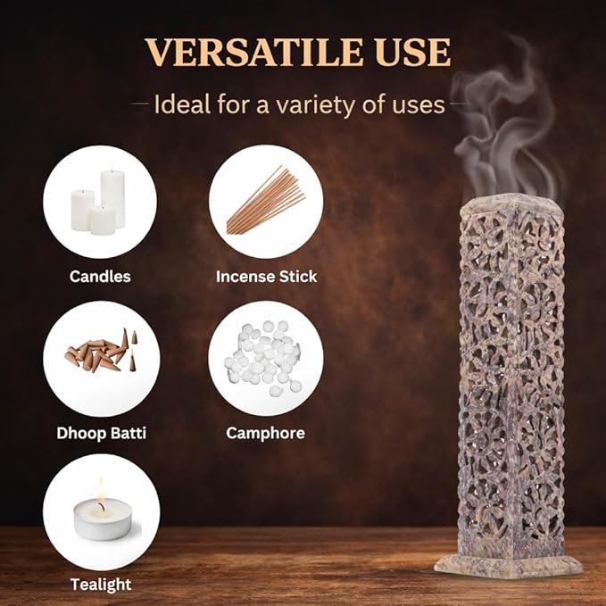 Handmade Stone Incense Stick Holder | Unique King Size Long Tower Burner | Camphore - Tealight - Dhoop Batti - Candles Holder for Yoga, Meditation and Home Decor. (Floral)