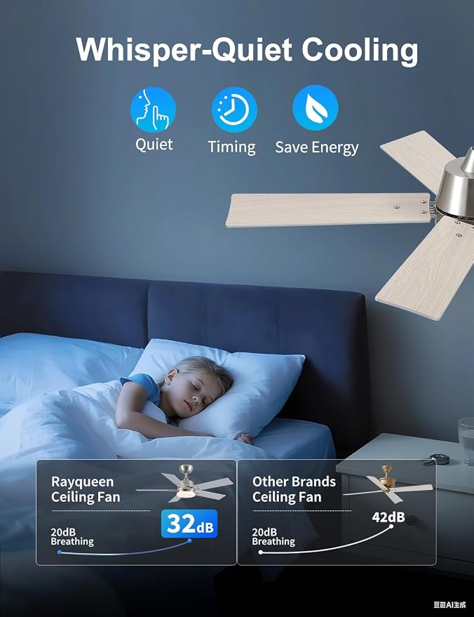 Rayqueen 42Inch Brushed Nickel Ceiling Fans with Lights and Remote,Downrod | 6 Speed Reversible DC motor,3-color temperature dimmable LED.For indoor/covered outdoor.Modern style for bedroom room