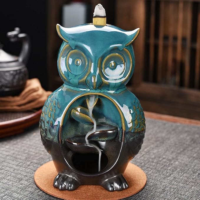 Backflow Incense Burner Holder Owl Shape Waterfall Porcelain Incense Holder Home Decor with Incense Cone Sticks Holder Incense Sticks Backflow Incense Cones Mat Tweezer Gift Set
