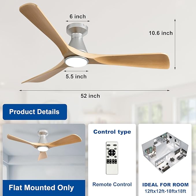 Depuley 52-Inch Ceiling Fans with Lights: Wood 3 Blade Flush Mount Low Profile Ceiling Fan for Bedroom - Dimmable Indoor Outdoor Fan with Remote Control Ultra Quiet DC Motor Timer