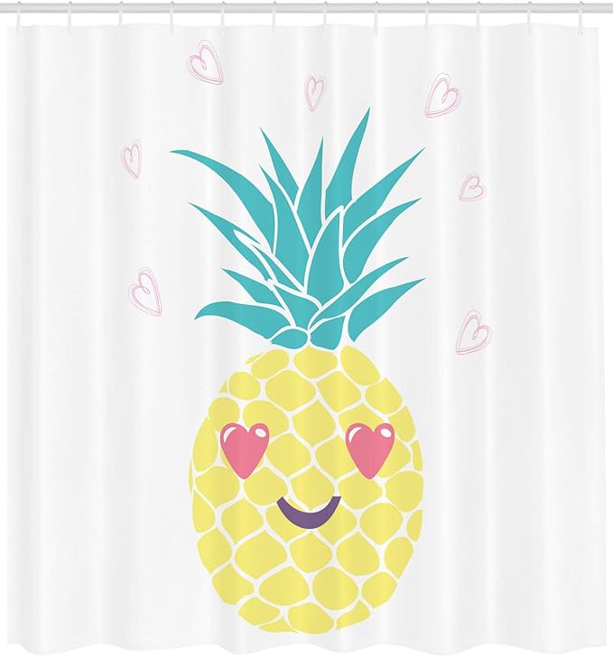 Ambesonne Tropical Shower Curtain, Pineapple Design a Smile and Heart Eyes Exotic Love Themed Fruit Portrait, Cloth Fabric Bathroom Decor Set with Hooks, 69" W x 75" L, Turquoise Yellow