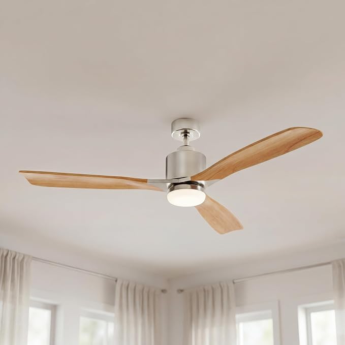 Kichler Ridley II 52 in Ceiling Fan with Light, 3-Blade LED Indoor Fan with Etched Cased Opal Glass in Brushed Stainless Steel, Medium Oak Blades for Living Room, 300027BSS