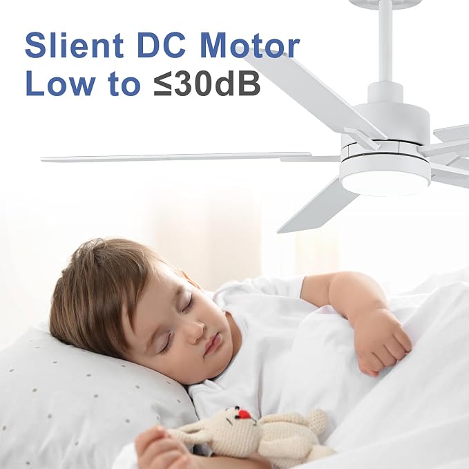 LANMEL 52'' White Ceiling Fans with Lights and Remote, 6 Speed Low Profile Modern Ceiling Fan with Quiet DC Motor for Indoor Outdoor Bedroom Living Room