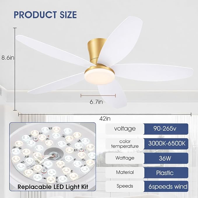 Surtime 42" Ceiling Fans with Lights-Low Profile Ceiling Fan with Light and Remote/APP Control,Flush Mount Gold Ceiling Fan with Reversible White Blades