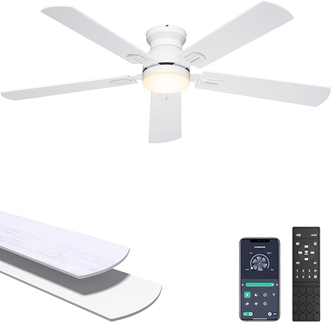 Ohniyou Ceiling Fans with Lights, 52 Inch Low Profile Ceiling Fan with Light and Remote/APP Control, Flush Mount, Dimmable, Quiet DC Motor, White Ceiling Fan for Bedroom, Living Room
