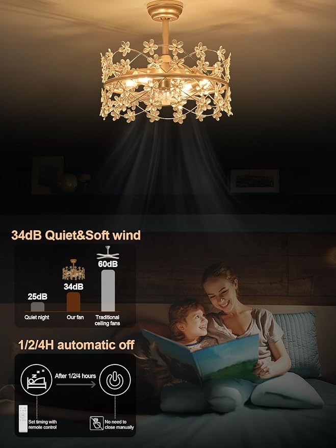 20" Gold Fandelier Ceiling Fans with Lights, Flower Chandelier Ceiling Fan | 6 Speeds, Reversible Motor, Timer, Remote,Vintage Gold Flower Caged, Quiet Fandelier For Girl's Bedroom, Nursery, Living Room