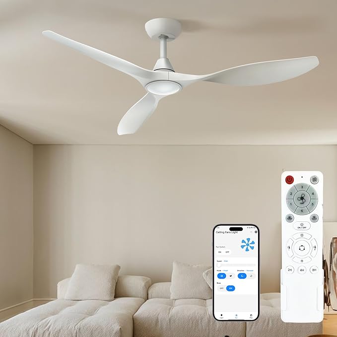 Roomratv Ceiling Fans with Lights and Remote Control,Quiet Noiseless Reversible DC Motor,6 Speeds,Timers, 3 CCT, Indoor Use, Plastic Blades,52 Inch White Ceiling Fan Smart APP Control for Living Room